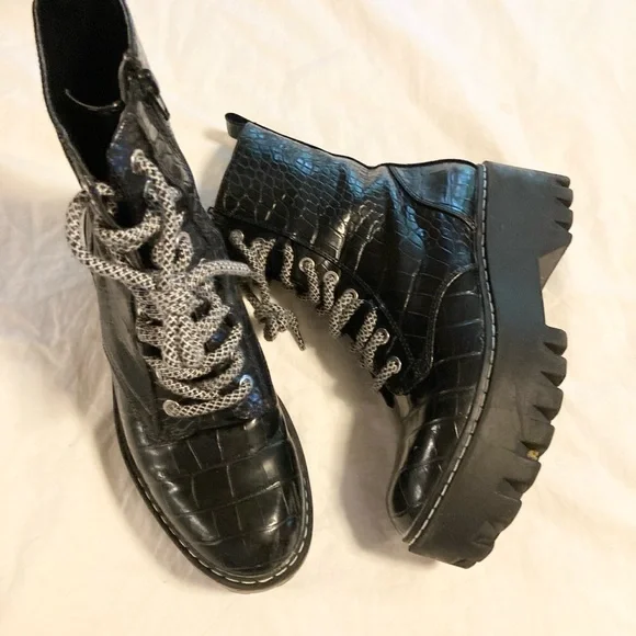 Zara black Faux leather imprint combat boots size 37 - Picture 3 of 6